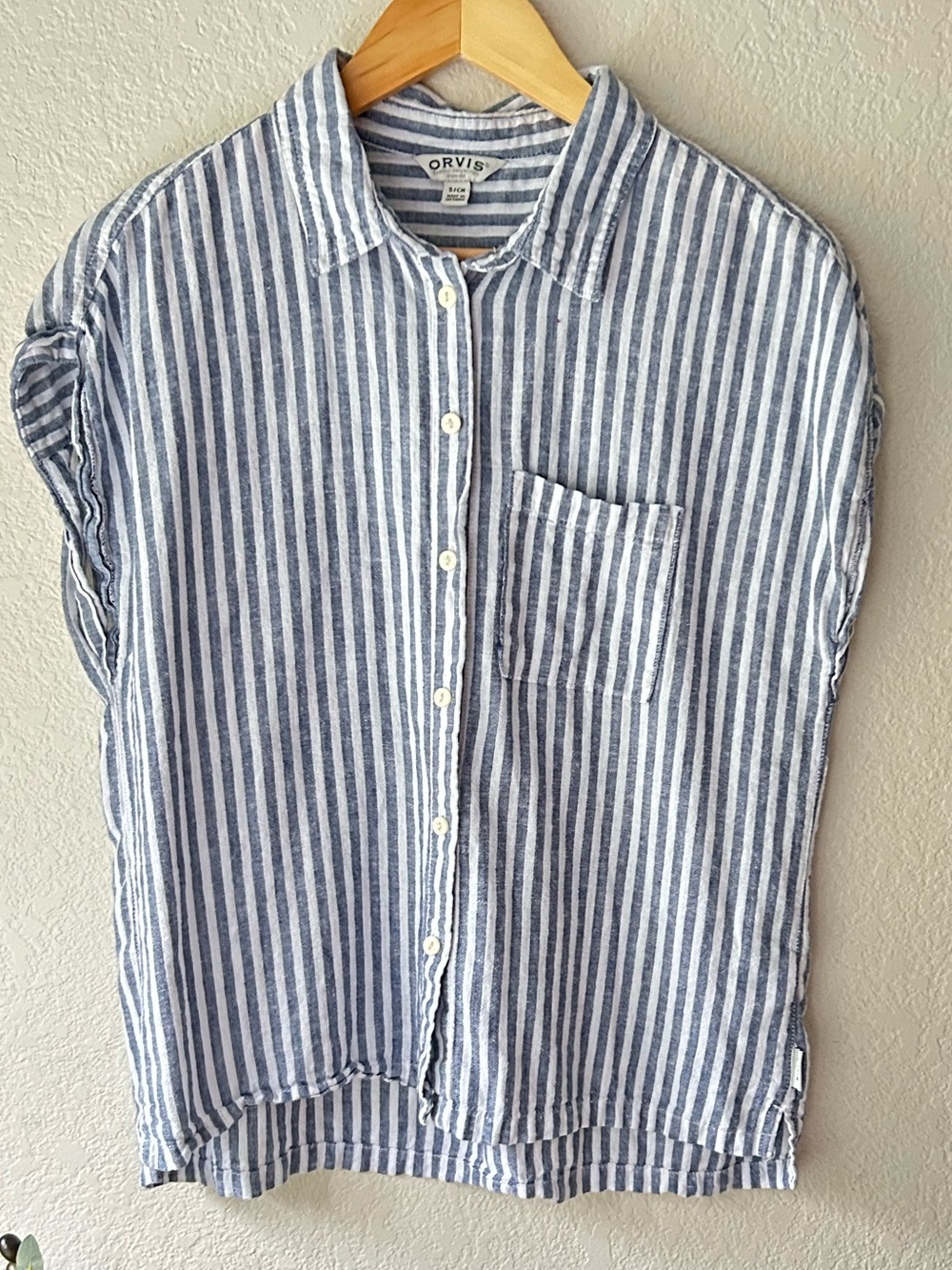 Linen blend Orvis Blue and White Vertical Stripe Button-Down Shirt